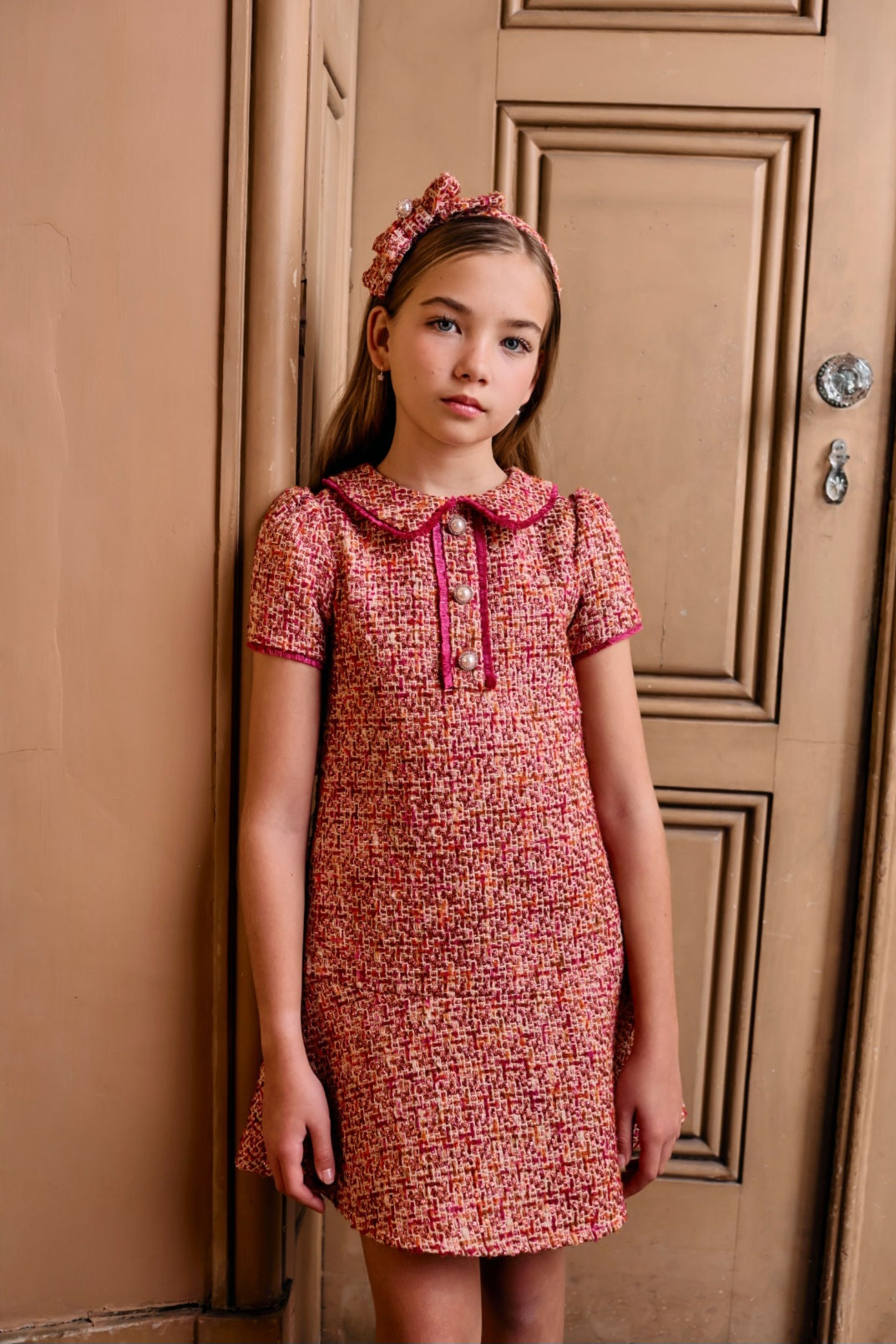 PINK TWEED DRESS WITH DIAMANTE BUTTONS - PATACHOU