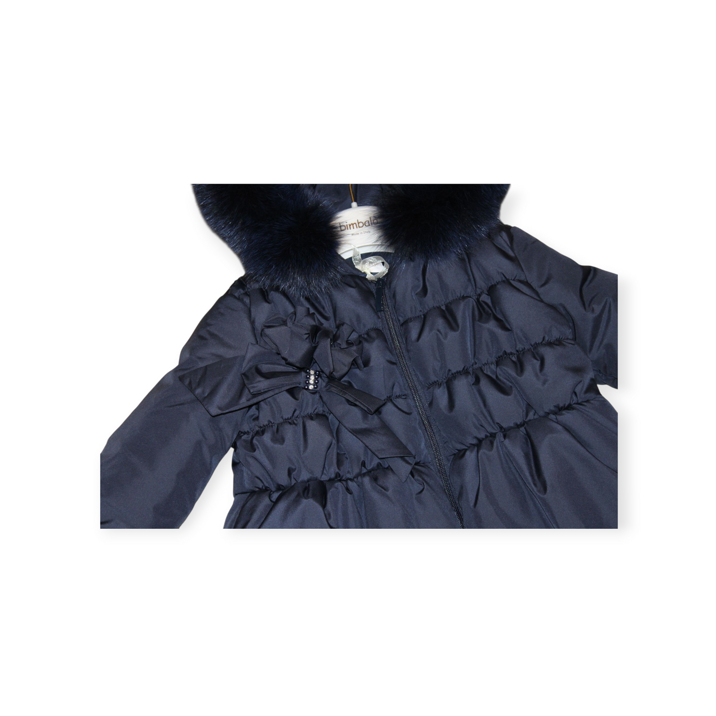 BIMBALO GIRLS NAVY COAT WITH FOX FUR TRIMMED HOOD