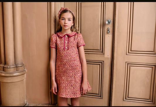 PINK TWEED DRESS WITH DIAMANTE BUTTONS - PATACHOU