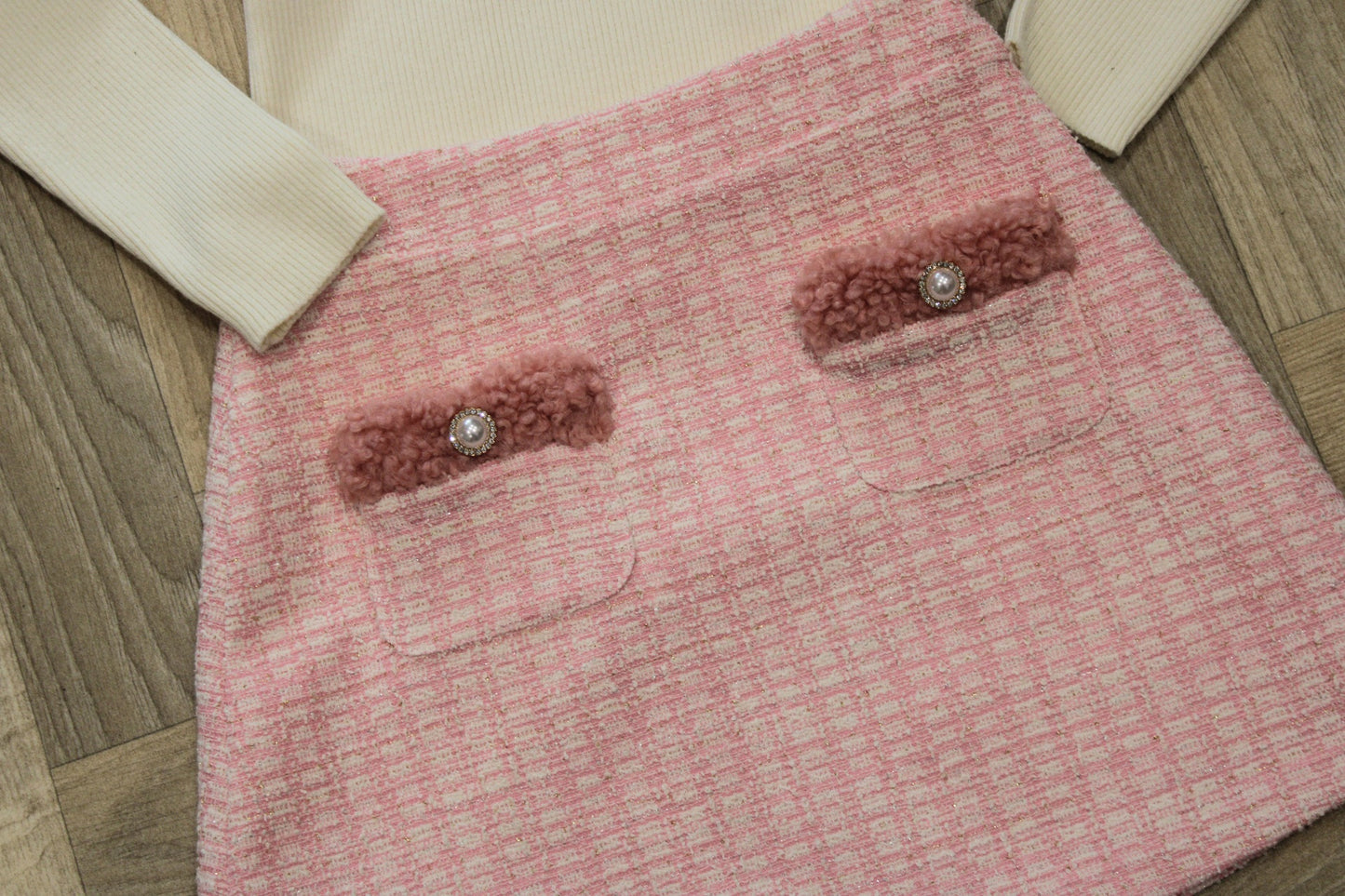 Patachou cream top and pink tweed skirt set
