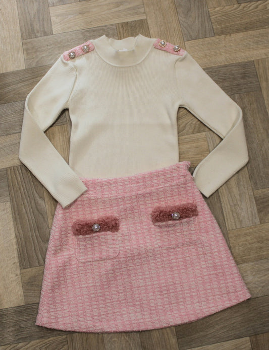 Patachou cream top and pink tweed skirt set