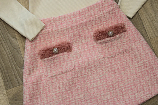 Patachou cream top and pink tweed skirt set